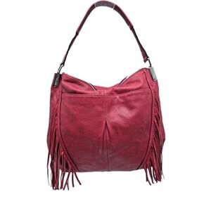 B. Makowsky Red Hobo Handbag Fringe Genuine Leather Pebbled Large